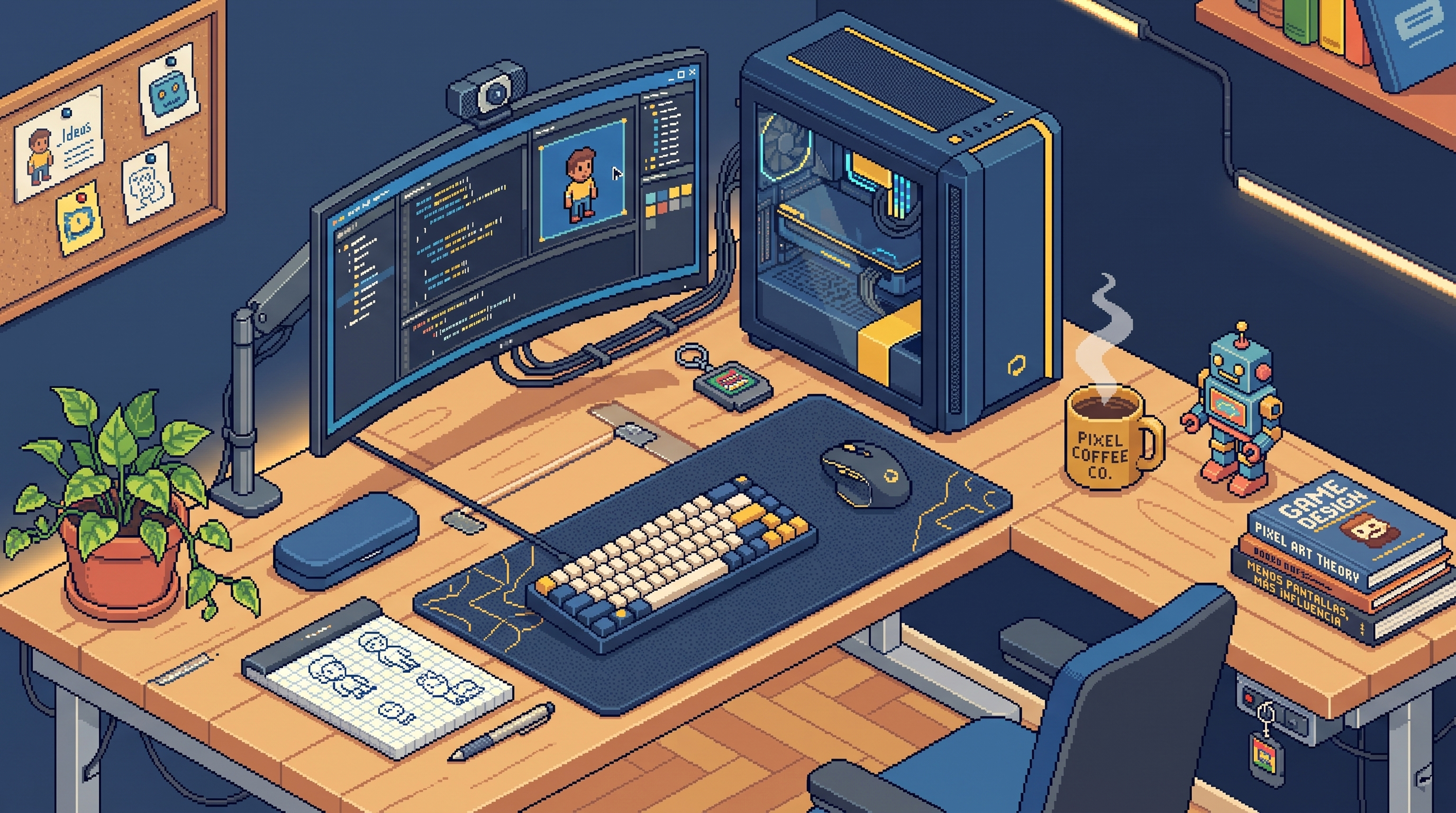 Primer plano en pixel art del escritorio del jugador en Voxel.