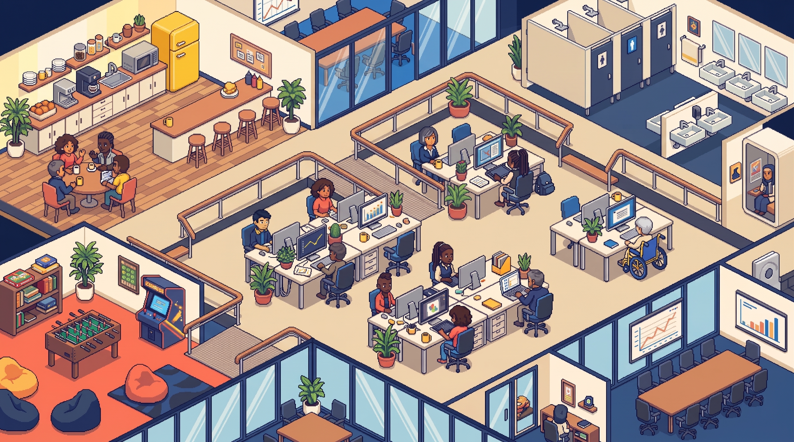 Oficina isométrica de Voxel en pixel art con espacios de trabajo, reunión y descanso.
